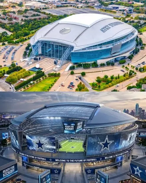 Vistas aéreas do AT&T Stadium, de dia e à noite