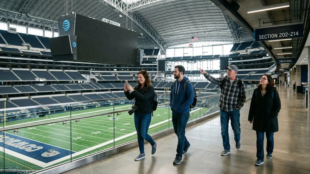 Turistas caminhando pelo corredor das arquibancadas durante o tour do AT&T Stadium