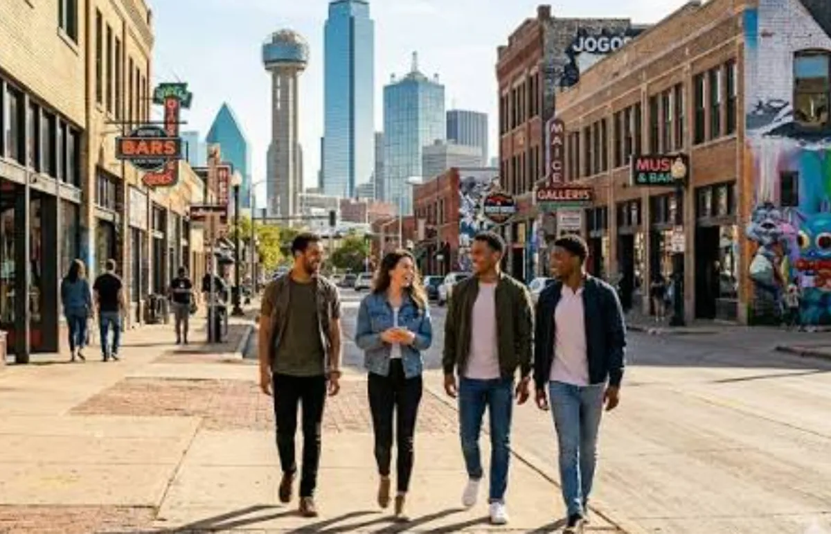 Grupo de amigos caminhando por Deep Ellum, em Dallas, com o skyline e a Reunion Tower ao fundo